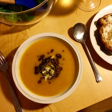 sweet potato and butternut squash soup with za'atar oil