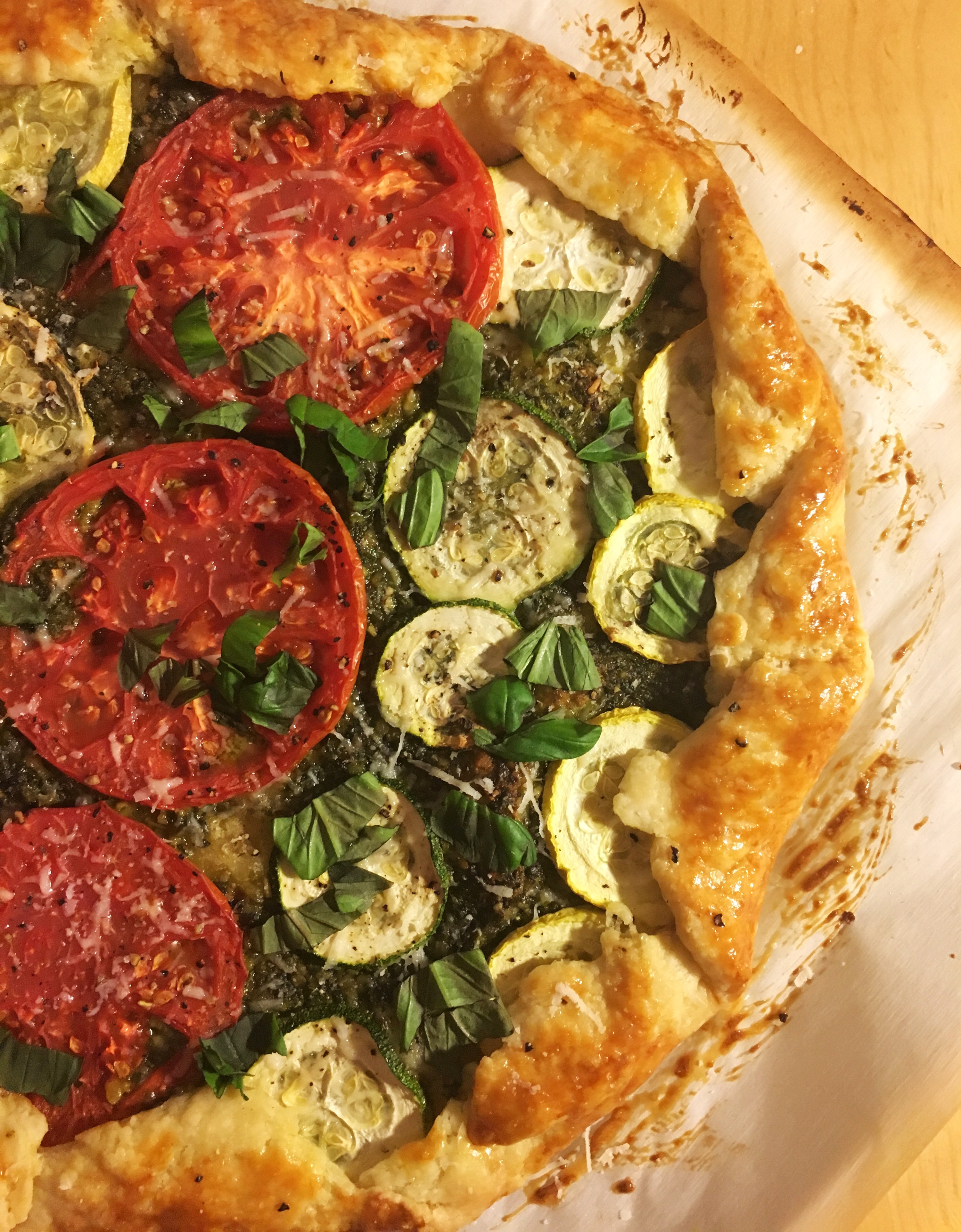 Vegetarian galette with tomato squash zucchini