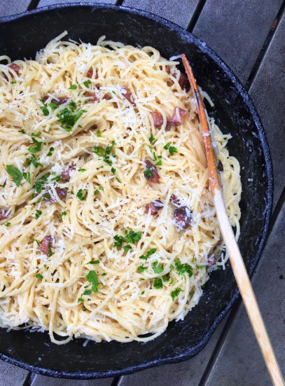 Spaghetti Carbonara guanciale cast iron